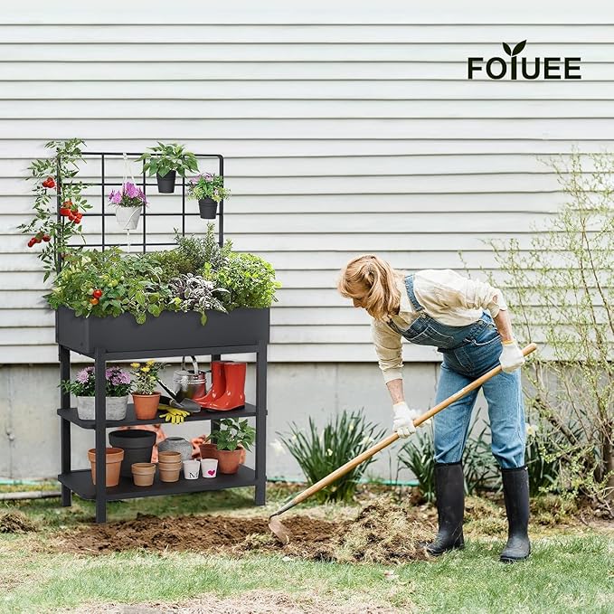 Metal Raised Garden Bed with Trellis &amp 2-Tier Storage Shelf Elevated Planter Box with Legs -Includes 3 Flower Pots Outdoor Vertical Garden for Vegetables Herbs Climbing Plants Patio Balcony