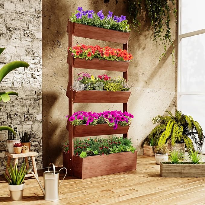 SUNYRISY 5 Tiers Vertical Wooden Raised Garden Bed Outdoor Freestanding Garden Planter Box Stand for Planting Herbs Flowers Vegetables Outdoor Gardening