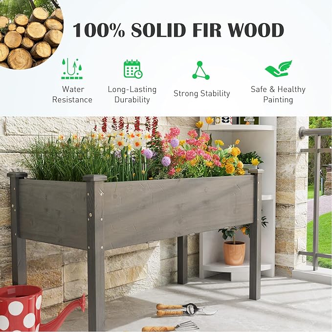 Giantex Raised Garden Bed Elevated Planter Box with Legs Drain Holes Wood Planter Raised Beds for Vegetables Flower Herb Standing Plant Grow Container for Backyard Patio 48 Lx22 Wx30 H