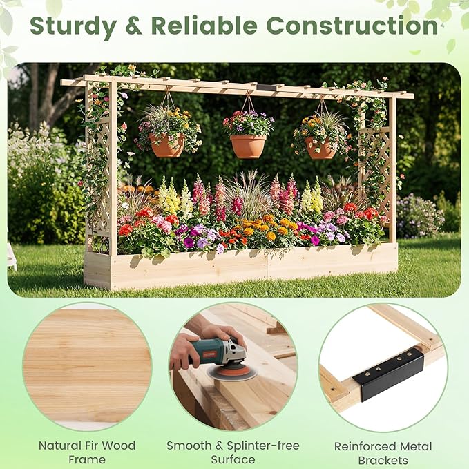 BECOMFORT Raised Garden Bed with Trellis &amp Hanging Roof 45 Tall Fir Wood Planter Box with Drainage Holes Outdoor Elevated Garden Planter for Climbing Vines Perfect for Patio Lawn &amp Backya