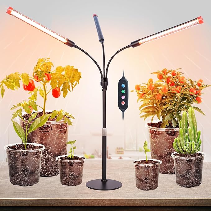 3Head Tabletop Grow Lights for Indoor Plants Seed Starting Vegetables Bonsai Bright Desk Plant Growing Lamps 4/8/12/16/20H Timer 27 Watt Power Draw NO Need Adapter 360° Gooseneck