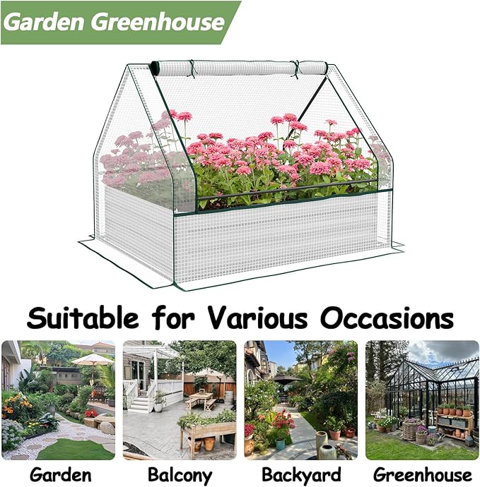 Mini Greenhouse Outdoor Galvanized Raised Garden Bed with Cover Outdoor Planter Box for Herbs and Vegetables (White)
