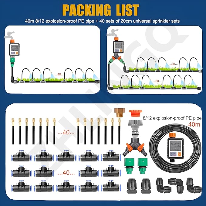 Automatic Drip Irrigation Kits 20-50m Garden Irrigation System Includes Watering Smart Timer &amp 360° Bending Dropper Atomizing Mist Nozzles Tee for Garden Watering System40m/131.2ft-WithTimer