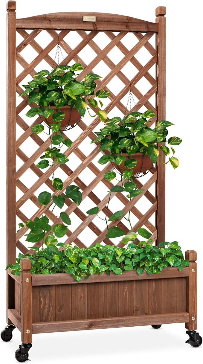 Best Choice Products 48in Wood Planter Box &amp Diamond Lattice Trellis Mobile Outdoor Raised Garden Bed for Climbing Plants w/Drainage Holes Optional Wheels - Walnut