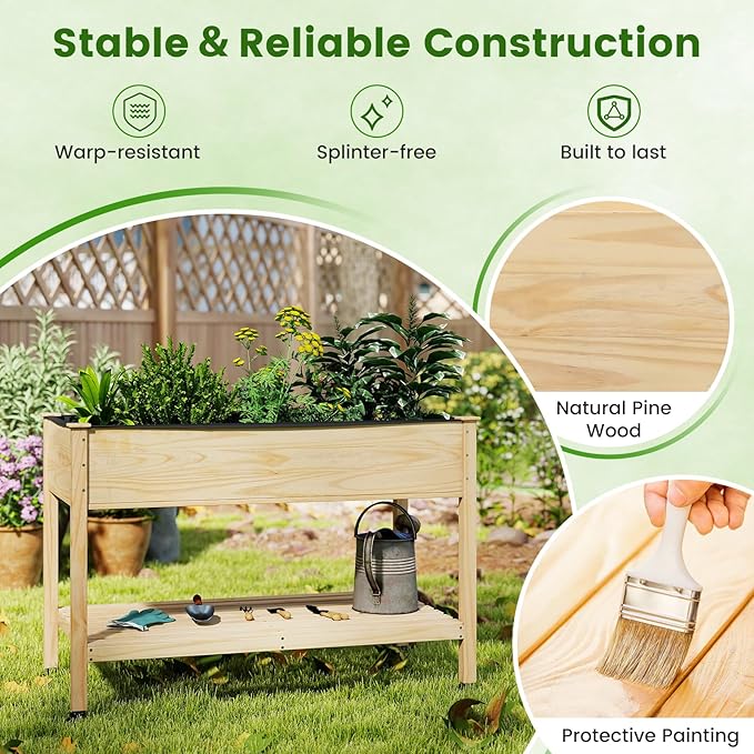 Raised Garden Bed with Legs Wood Raised Planter w/Lockable Wheels Drainage Holes &amp Storage Shelf Planter Box for Flowers Herbs Outdoor Balcony Backyard Natural 47 L x 23 W x 33 H