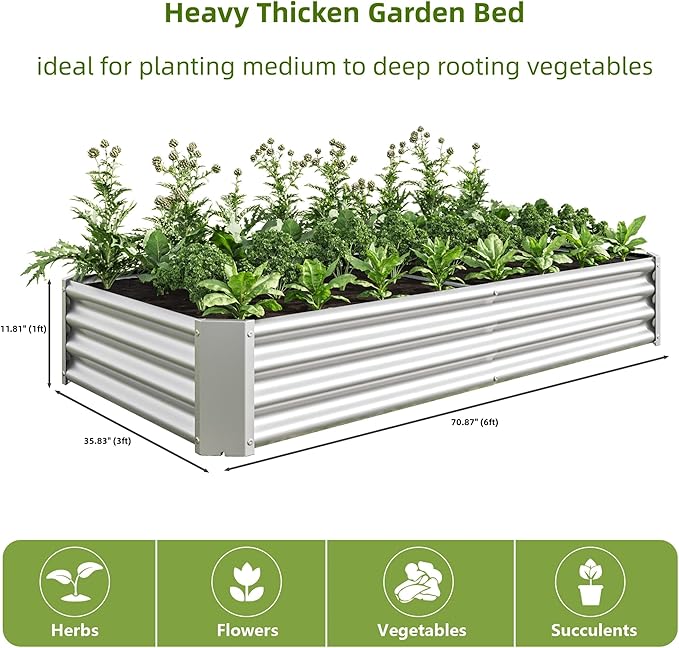 Anwick Raised Garden Bed Galvanized Raised Garden Beds Outdoor for Vegetables Rectangle Metal Raised Planter Box for Backyard Flowers Herbs Fruits (Silver)