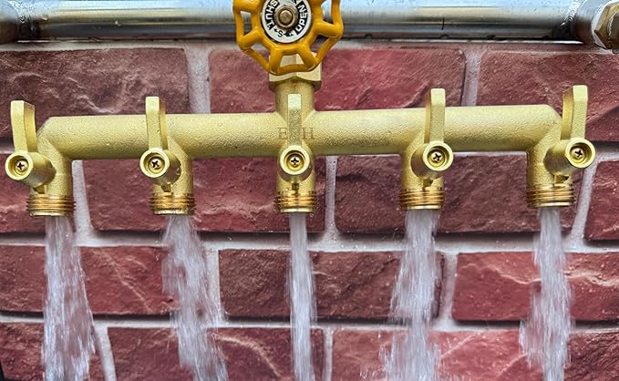 EBH Brass Garden Hose Splitter 5 Way Outdoor Frostproof Tap Hose Splitter with 5 Individual On/Off Valve and Extended Handle GHT 3/4-Inch Heavy Duty Hex Female Inlet and 3/4-Inch Male Outlet