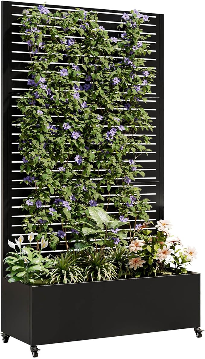Metal Planter Box with Trellis 73-Inch Tall Raised Garden Bed with Wheels Privacy Screen Planter for Climbing Plants Vegetables &amp Vines Galvanized Steel Outdoor Privacy Shield Black (Square)