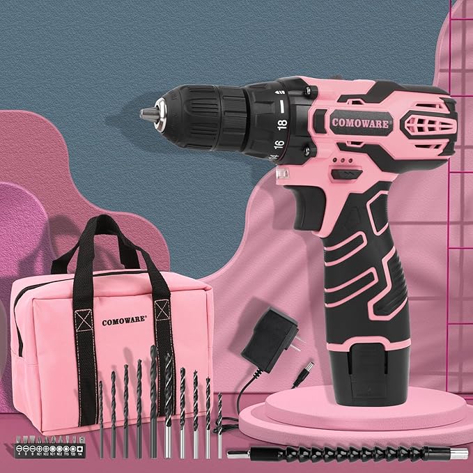 COMOWARE Pink Cordless Drill Set for Women 12V Lightweight Electric Screwdriver with 3/8 Keyless Chuck 1.5Ah Battery - Portable Power Drill Kit with Pink Tool Bag for Home DIY Projects