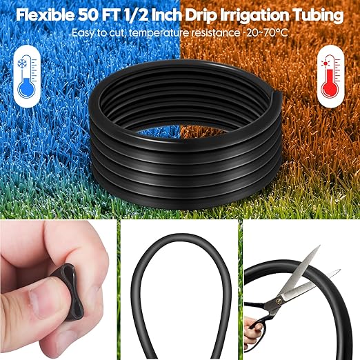 50 FT 1/2 Inch Drip Irrigation Tubing Kit-Drip Line Irrigation Hose 1/2 Inch with 1/2 to 1/4 Barbed Locked 6-Way &amp 1/2 Tee Connectors-Drip Tube Irrigation Fittings System Parts for Garden Water