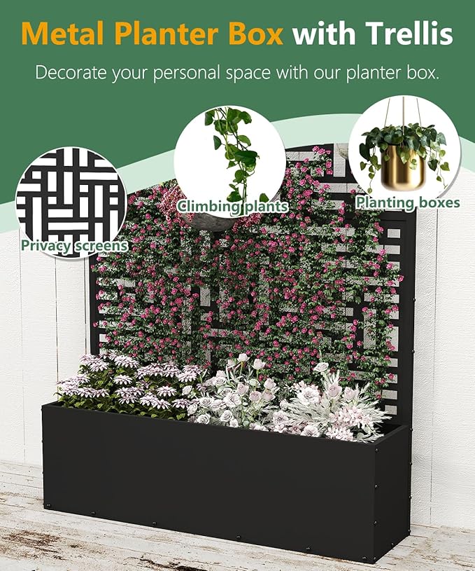 Metal Planter Box with Trellis70.9x47.2x15.7 Raised Garden Bed with Drainage Holes Privacy Planters for Outdoor Garden Bed for Climbing PlantsVegetablesand Vines2PCSBlack-Modular