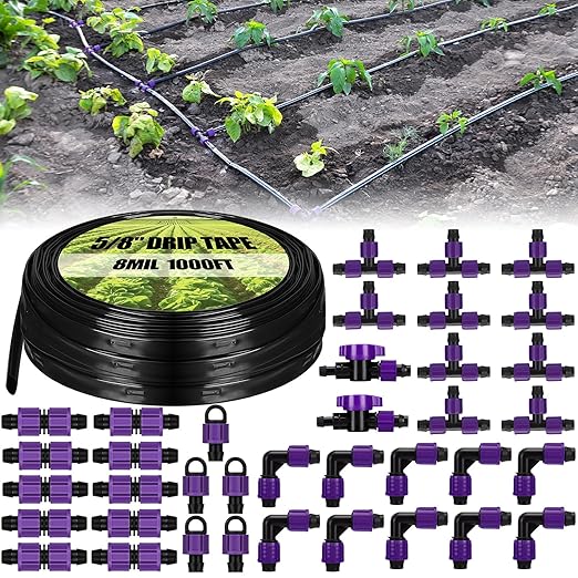 Tondiamo 1000' 5/8 Inch Drip Tape Irrigation Tubing Kit 16 Mil 6 Spacing Garden Hose Watering Tube Line Automatic Equipment for Garden Irrigation System Farms Landscape Lawn