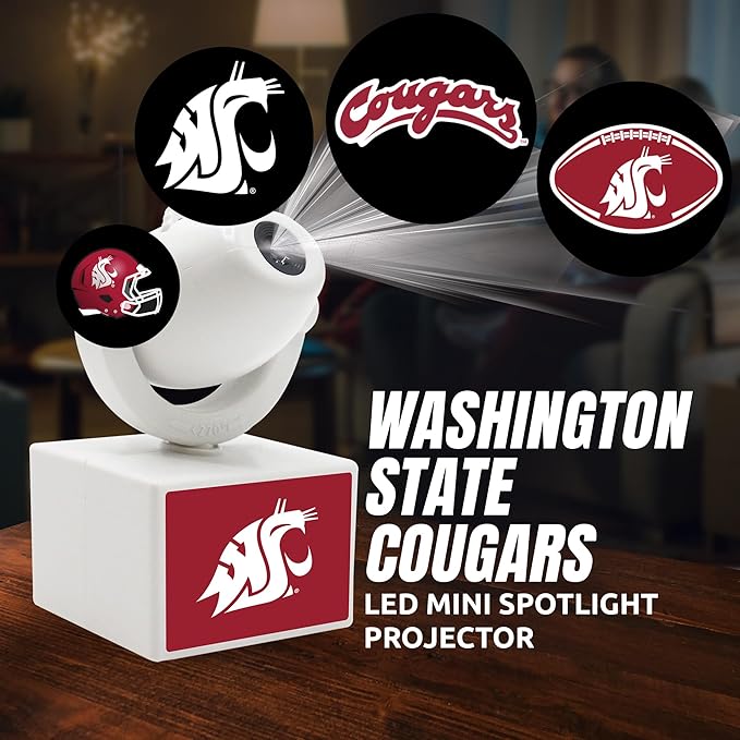 Sporticulture NCAA American Football Washington State - Adjustable Led Mini Spotlight Projector with 6 Team Logo Designs - Portable &amp Rechargeable Spotlight - Battery-Operated - 4.375” x 3.125”
