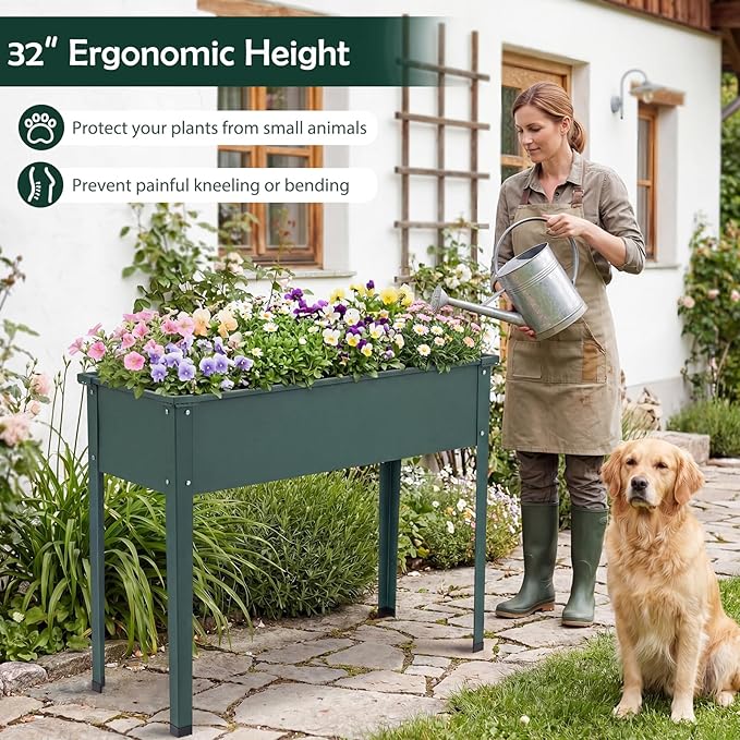 Giantex Metal Raised Garden Bed with Legs 40”x16”x32” Elevated Planter Box with Drainage Holes for Vegetable Fruit Flower Herb Outdoor Standing Gardening Box for Balcony Backyard Patio Porch Green