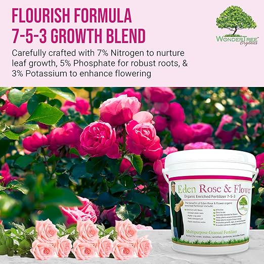 Eden Rose &amp Flower Organic Enriched Fertilizer | Neem Plant Food-7-5-3 Enriched Formula | for Best Flower Growth (5lbs)