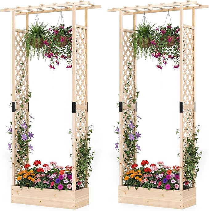 S AFSTAR Raised Garden Bed with Trellis 2 Pieces Fir Wood Planter Box with Flat Roof &amp Drainage Holes Vertical Planter Raised Bed for Climbing Plants Flowers &amp Vegetables 43 x 14 x 89 (