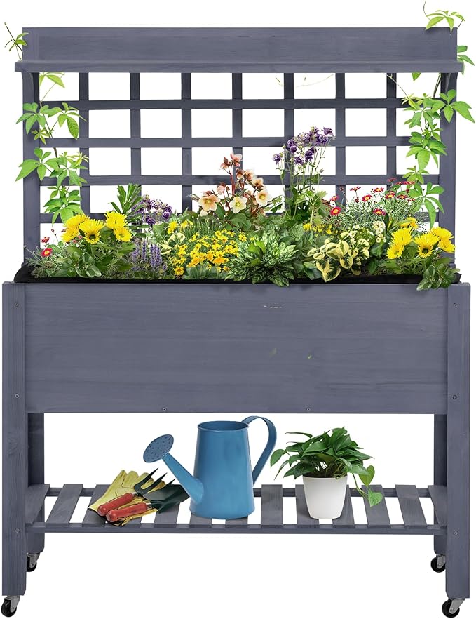 41 Raised Garden Bed with Trellis on Wheels Wooden Elevated Planter Box with Legs and Bed Liner for Flowers Herbs Vegetables Gray