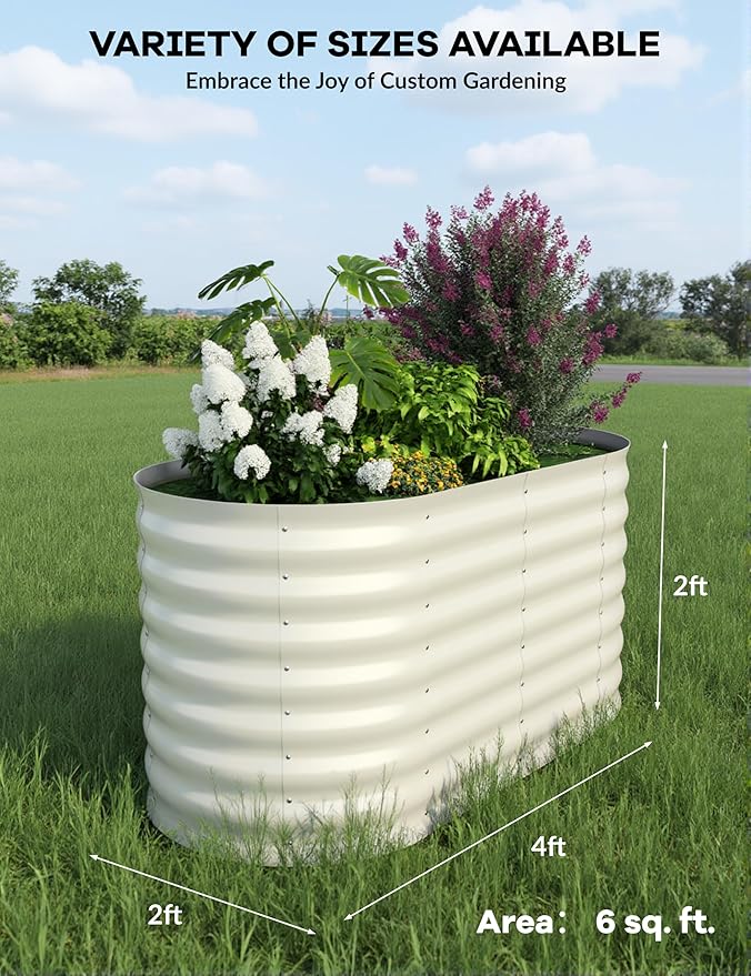 GarveeLife Galvanized Raised Garden Bed Outdoor 2 Pcs 4x2x2 ft Oval Metal Planter Box for Flowers Vegetables Herbs- Beige