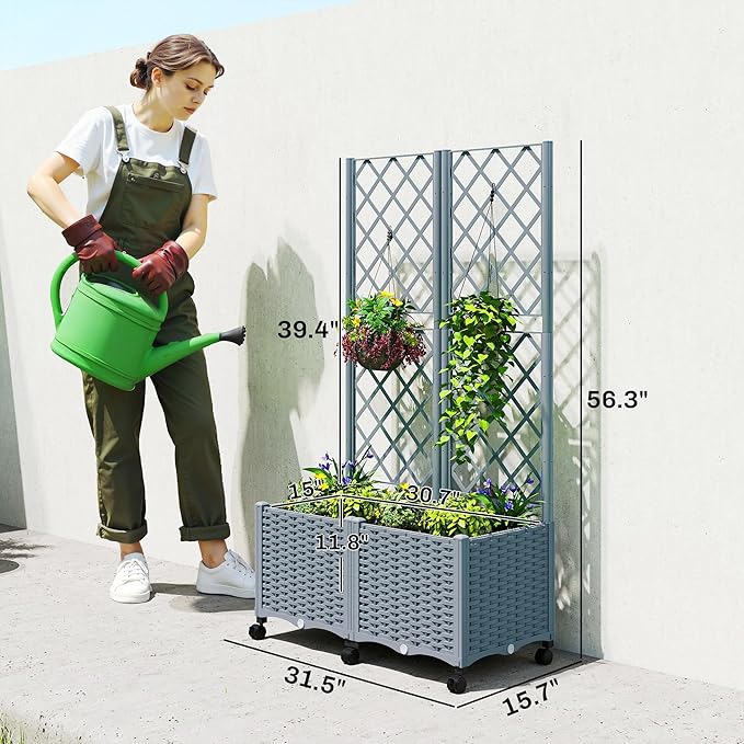 Outsunny Planter Box with Trellis Self Watering Raised Garden Bed with Lockable Wheels 56.3 Trellis Privacy Planter with Drainage Holes for Climbing Plants Vines Vegetables Flowers Gray