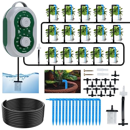 WIOR Automatic Plant Waterer Drip Irrigation System Kit for 15 Potted Plants Indoor Self Watering System Plant Watering Devices with Programmable Water Timer for Garden Balcony Greenhouse Vacation