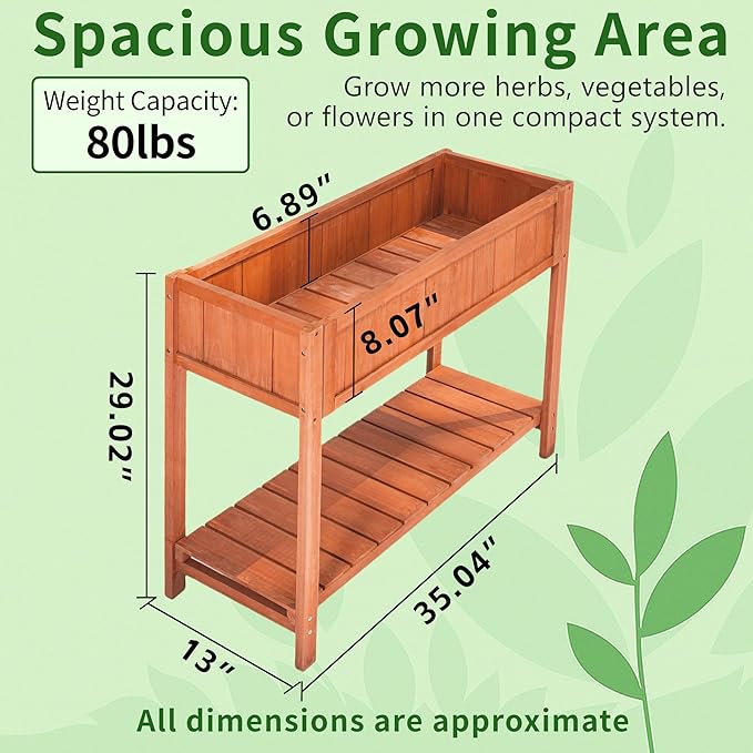 Premium Fir Wooden Raised Garden Bed with Four Legs for Backyard and Balcony GardeningSuitable for Indoor and Outdoor useBottom with Storage Rack35.04''×13''×29.92''