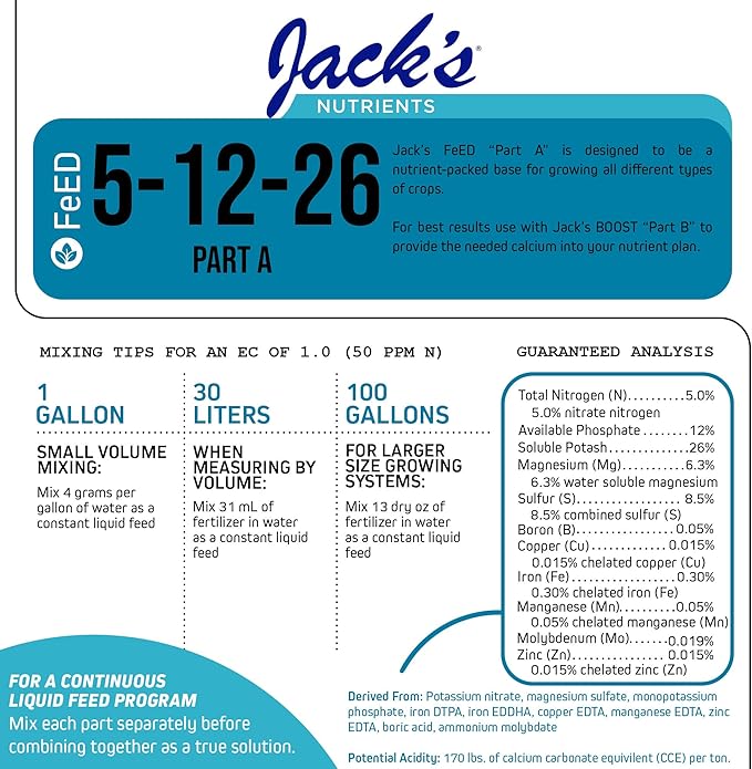Jack's Classic Nutrients 5-12-26 Part A Water-Soluble Fertilizer for Growth of Leaves and Strong Roots in Plants Grown in Continuous Liquid Feed Programs 2.2Lbs