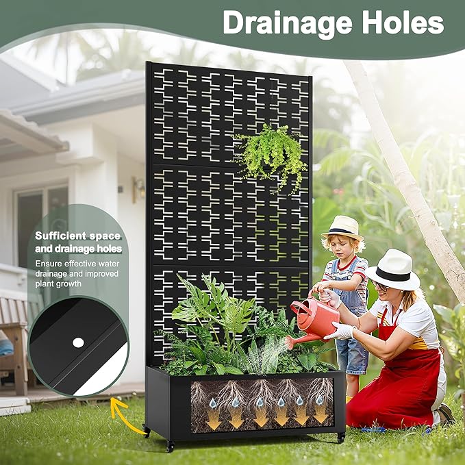 Planter Box with Trellis and Wheels Metal Privacy Screen with Garden Beds Outdoor for Climbing Plants Standing Planter Boxes with Drainage Holes (35 L×16 W×71 H Black Rectangle)