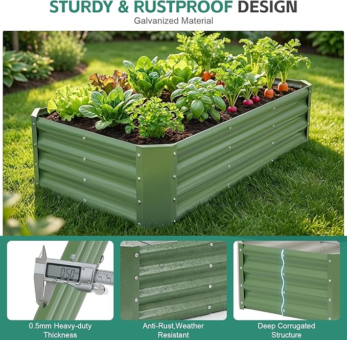 Galvanized Raised Garden Bed - 4x2x1ft Metal Garden Planter Box Outdoor | Steel Raised Bed Kit with Bracing Rods Gloves for Gardening Vegetables Fruits and Flowers (Oliver Green)