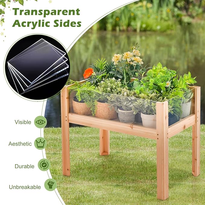 HAPPYGRILL Raised Garden Bed with Legs 24” Elevated Planter Box with 2 Acrylic Panel Sides Drain Holes Movable Beds Plant Terrarium w/Stand Planter Raised Beds for Vegetables Fruits Herbs