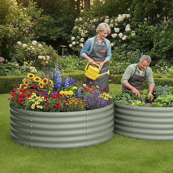 DDK Galvanized Raised Garden Bed Round Outdoor Planter Bed 4x4x1.5ft Metal Planter Box for Gardening and Planting2PackLG