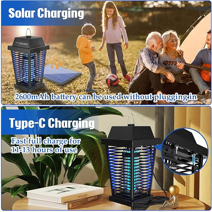 PALONE Solar Bug Zapper 4500V Electric Mosquito Zapper Outdoor Updated Fly Zapper Indoor Rechargeable Mosquito Killer with Solar Panel &amp Type-C Cable Fly Trap with UV Light for Flies Gnats Moths