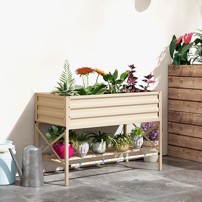 Raised Garden Bed with Galvanized Steel Frame Storage Shelf and Bed Liner Elevated Planter Box with Legs for Vegetables Flowers Herbs Cream