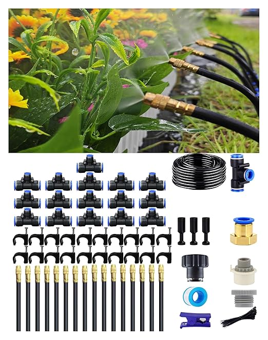Drip Irrigation System - 360° Adjustable Micro Spray Sprinkler Kit for Garden Easy Installation No Tools Fine Mist Watering for Garden Potted Plants Greenhouse (50 FT)