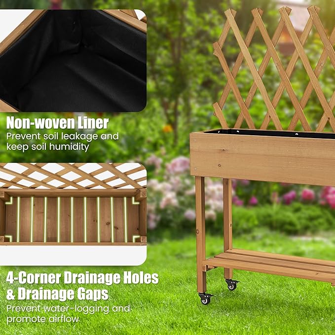 Raised Garden Bed with Trellis Fir Wood Elevated Planter Bed with Legs 2 Lockable Wheels &amp Storage Shelf Wooden Planter Box Raised Bed for Gardening Backyard Balcony &amp Greenhouse