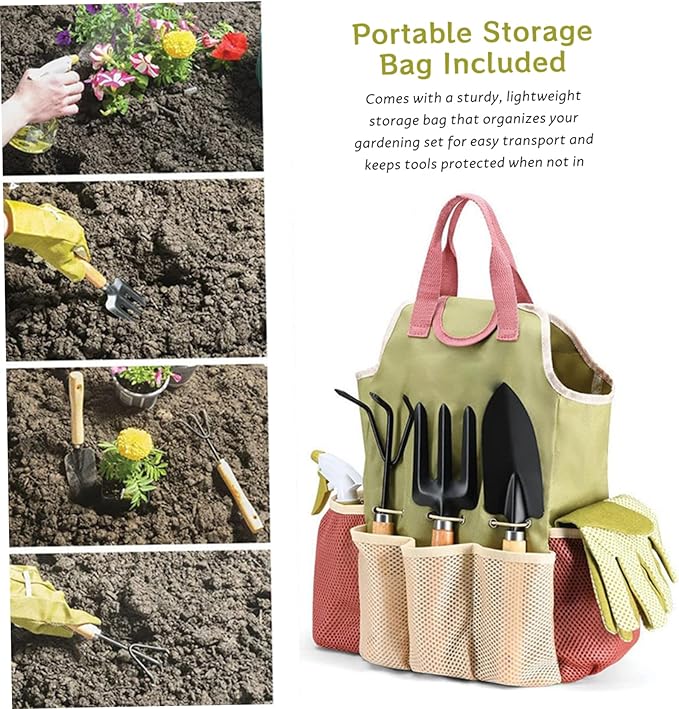 Garden Tool Sets Gardening Tool Kit - 9-Piece Heavy Duty Garden Sets with Ergonomic Non-Slip Grips Rust-Resistant Shovel Trowel Rake Pruner &amp Storage Bag Tools Set