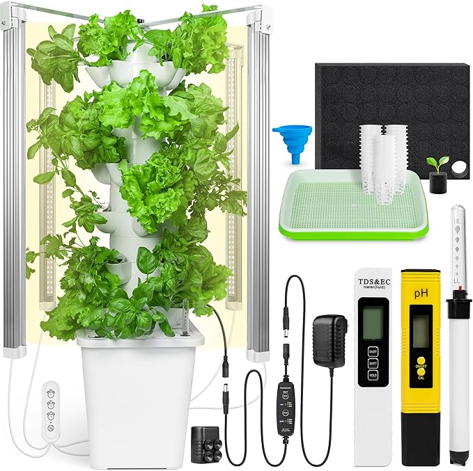 Carpathen Hydroponic Tower Growing System - Indoor Vertical Gardening System with Grow Lights for 30 Plants - Complete Kit with Timer PH+TDS Meter and Water Level Gauge - Indoor Herb Garden