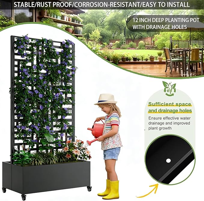 Sturdy 47x16x73 Inch Galvanized Steel Raised Garden Bed with Trellis Metal Planter Box on Wheels for Patio Privacy Screen 12 Inch Deep Root Mobile Vertical Garden Planter for Climbing Plants (M1)