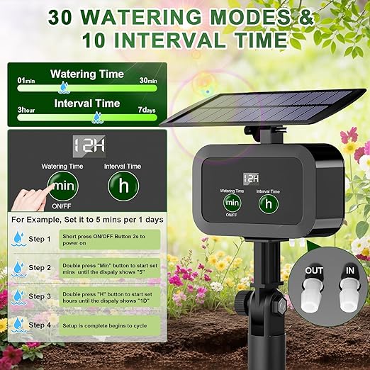 LCD Display Solar Drip Irrigation System Kit 30 Working Modes &amp 10 Watering Interval Solar Powered Drip Irrigation Kit Supports 15 Potted Plants 2200mAh Automatic Watering System for Garden