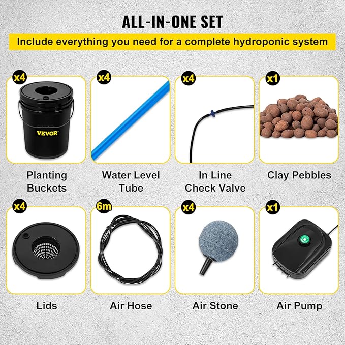 VEVOR DWC Hydroponic System 5 Gallon 4 Buckets Deep Water Culture Growing Bucket Hydroponics Grow Kit with Pump Air Stone and Water Level Device for Indoor/Outdoor Leafy Vegetables