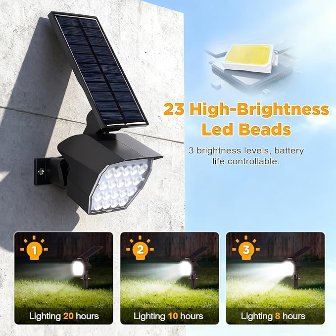 23 LED Solar Spot Lights Outdoor Waterproof 2 Pack Solar Lights UP to 20Hrs 3 Brightness Levels Spotlight Landscape Lighting Auto ON/Off Outdoor Solar Lights for Yard Garden Lawn (Cool White)