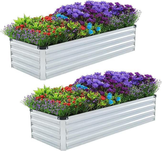 2 Pack 4x2x1FT Galvanized Raised Garden Beds Kit Outdoor Metal Gardening Planter Box for Vegetable Elevated Flower HerbsSilver