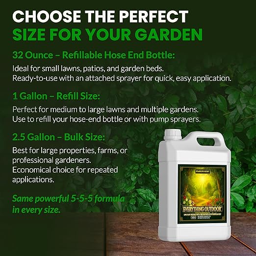 Humboldts Secret Everything Outdoor Plant Food | 5-5-5 Liquid Fertilizer with Norwegian Kelp | All Purpose Lawn Vegetable &amp Fruit Food | Garden Nutrients | Refillable Hose End Bottle | 1 Gallon