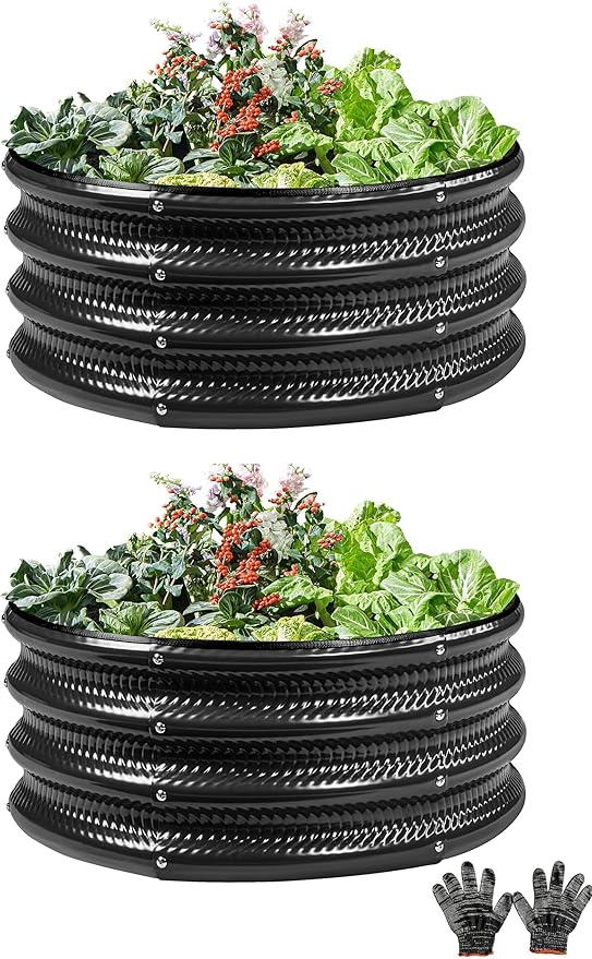2 Pcs 2x2X1 FT Round Galvanized Raised Garden Bed Kit Black Outdoor Planter Garden Bed Metal Raised Box for Vegetables Fruits Flowers &amp Herbs