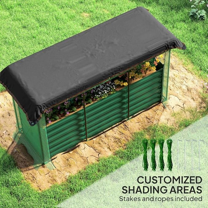 Heavy-Duty Galvanized Steel Raised Garden Bed with Integrated Crop Cage and Adjustable Shade Cloth for Outdoor Vegetable and Flower Growing (Green + HDPE + Steel-1)