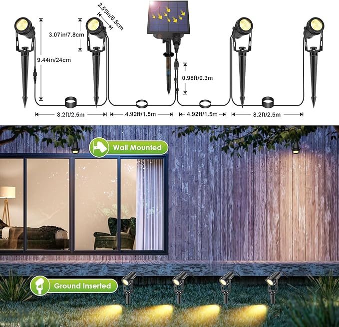 B-right Solar Spot Lights Outdoor 8 Modes IP65 Waterproof Solar Powered Garden Spotlights 4-in-1 Landscape Lighting Auto On/Off with Remote + 2 * 6.56ft Extension Cable IP65 Waterproof Extension Cord