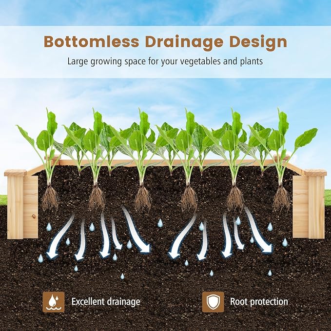 Wood Raised Garden Bed - 49 x 49 x 10 Elevated Garden Bed with Compost Bin for Outdoor Gardening and Planting Bottomless Planter Box for Deep-Rooted Vegetables Herbs Flowers and Fruits