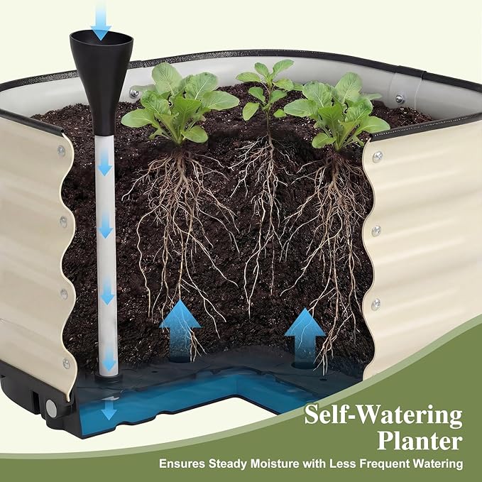 BPS Self-Watering Raised Garden Bed 16.5'' with Drainage Plugs Indoor/Outdoor Metal Raised Beds for Gardening Durable Galvanized Planter Box for Vegetables Flowers Herbs and Fruit
