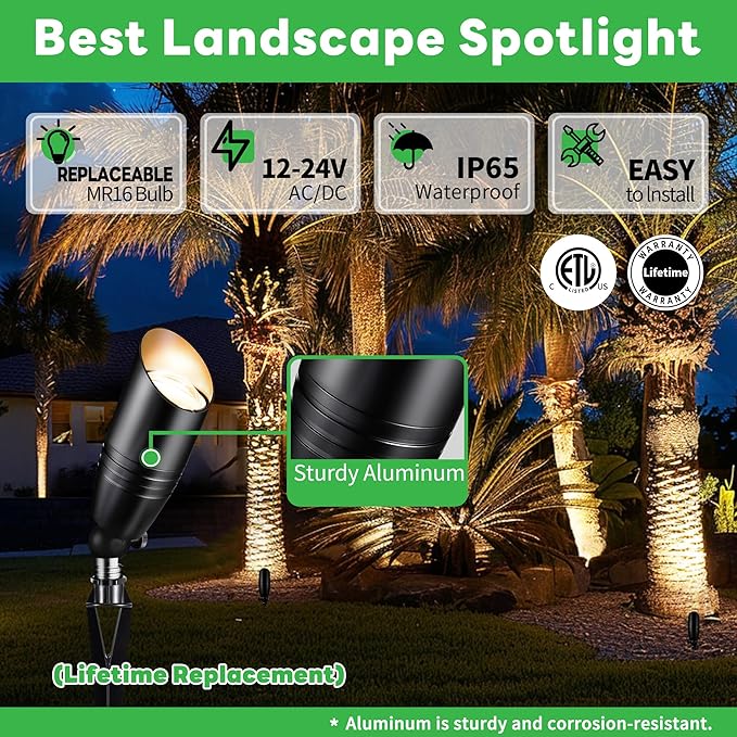Black LED Outdoor Spotlights Durable Low Voltage Landscape Lighting Aluminum Waterproof Uplights for House Garden Lawn Without MR16 Bulb 6 Pack