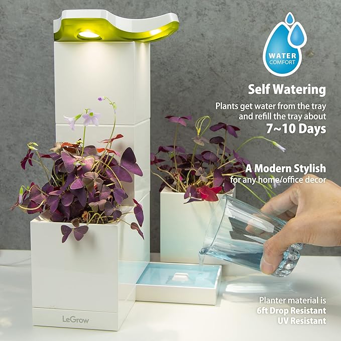 LeGrow Indoor Planter with LED Grow Light Automatic 12 Hours Timer 7 Days Watering-Free 2 Self Watering Pots for Small Plants Home Decor &amp Office Desktop White