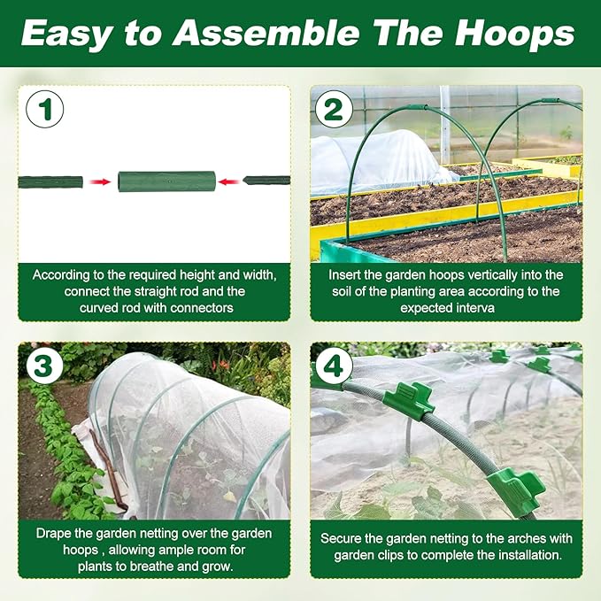 Garden Netting Kit 10 X 50FT Garden Netting Pest Barrier with 10 Sets Garden Hoops and 20pcs Clips Insect Netting Row Cover for Raised Beds Vegetable Fruits Flowers Protection